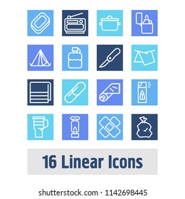 Camping icon set and tent with gadgets, travel bottle and cooking tool. Napkin related camping icon vector for web UI logo design.