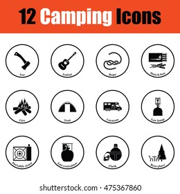 Camping icon set.  Thin circle design. Vector illustration.