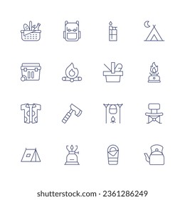 Camping icon set. Thin line icon. Editable stroke. Containing picnic, backpack, lighter, camping tent, portable fridge, bonfire, picnic basket, cooking stove, shirt, camp, pot on fire, folding chair.