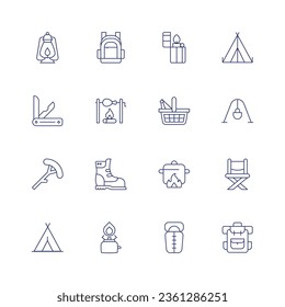 Camping icon set. Thin line icon. Editable stroke. Containing oil lamp, backpack, lighter, camping tent, pocket knife, bonfire, picnic basket, cooking pot, sausage, boots, pot on fire, folding chair.