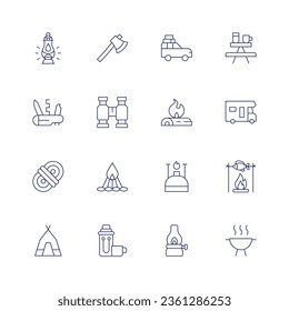 Camping icon set. Thin line icon. Editable stroke. Containing oil lamp, axe, car, camping table, pocket knife, binoculars, firewood, caravan, rope, bonfire, gas, fish, tent, camping, lantern, grill.