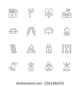 Camping icon set. Thin line icon. Editable stroke. Containing matches, axe, camping zone, barracks, picnic table, bench, fire, bonfire, rope, gas stove, campfire, swiss knife, camping, lantern.