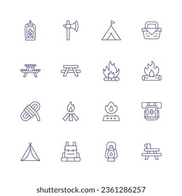 Camping icon set. Thin line icon. Editable stroke. Containing oil lamp, axe, camping, basket, picnic, bench, firewood, bonfire, rope, gas stove, tent, lantern, camping table.