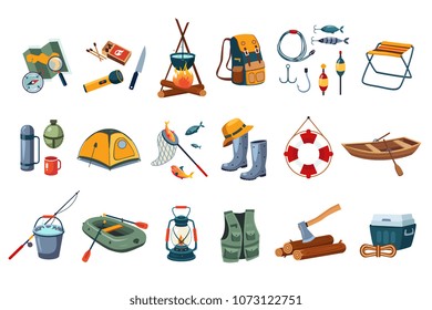 Camping icon set. Tourist equipment, items for fishing. Outdoor activity. Summer recreation. Flat vector design