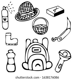 Camping icon set. Tourist equipment, items for fishing. Outdoor activity. Summer recreation. Flat vector design