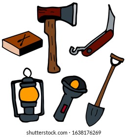 Camping icon set. Tourist equipment, items for fishing. Outdoor activity. Summer recreation. Flat vector design