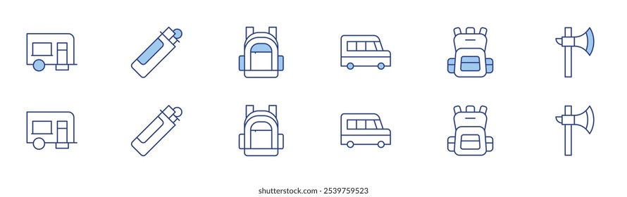 Camping icon set in two styles, Duotone and Thin Line style. Editable stroke. van, camper van, lighter, backpack, axe.