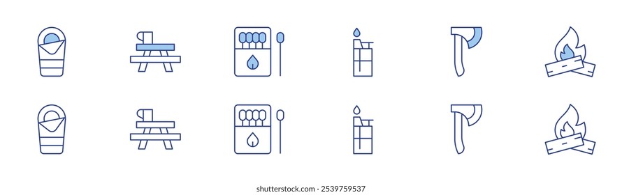 Camping icon set in two styles, Duotone and Thin Line style. Editable stroke. sleeping bag, lighter, camping table, axe, bonfire, matches.