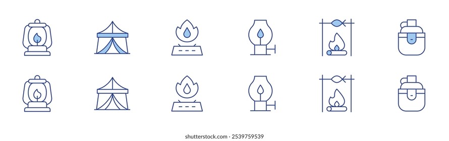 Camping icon set in two styles, Duotone and Thin Line style. Editable stroke. lantern, tent, oil lamp, gas stove, bonfire, water bottle.