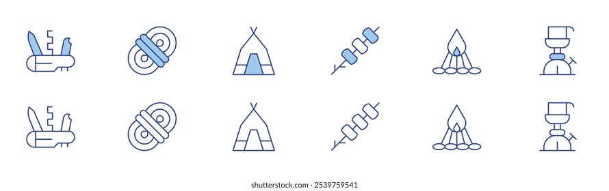 Camping icon set in two styles, Duotone and Thin Line style. Editable stroke. marshmallows, bonfire, pocket knife, rope, tent, camping gas.