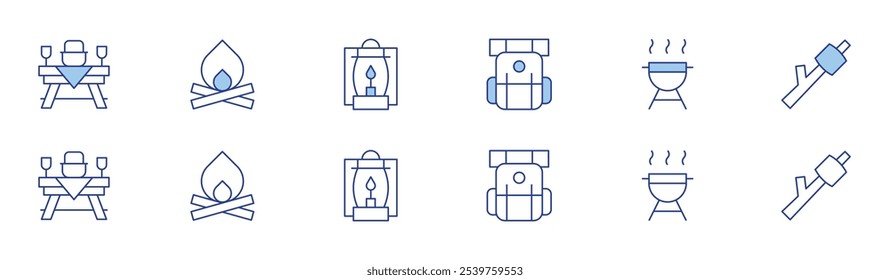 Camping icon set in two styles, Duotone and Thin Line style. Editable stroke. camping, picnic table, barbecue, marshmallow, bonfire, oil lamp.