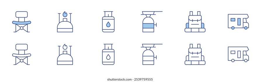 Ícone Camping definido em dois estilos, estilo Duotone e Thin Line. Acidente vascular cerebral editável. gás de acampamento, cadeira dobrável, acampamento, caravana, gás, fogão a gás.