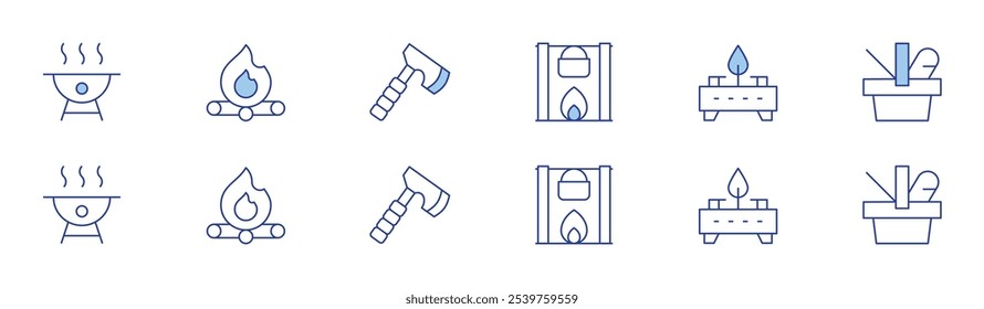 Camping icon set in two styles, Duotone and Thin Line style. Editable stroke. barbecue, pot on fire, stove, bonfire, camp, picnic basket.