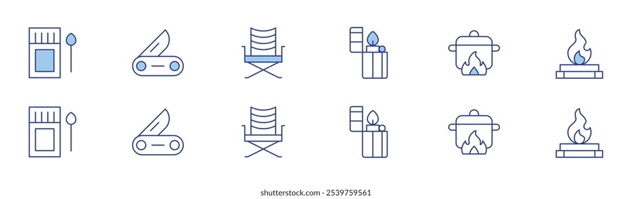 Camping icon set in two styles, Duotone and Thin Line style. Editable stroke. matches, swiss knife, camping chair, lighter, pot on fire, bonfire.