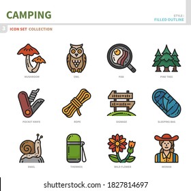 camping icon set,filled outline style,vector and illustration