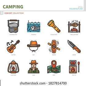camping icon set,filled outline style,vector and illustration