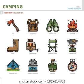 camping icon set,filled outline style,vector and illustration
