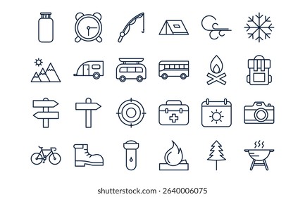 Camping icon showing outdoor activity with tent and nature in modern outline style
