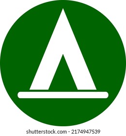 Camping icon sign, white on green, isolated on white background