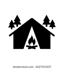 Camping Icon: Surrounded By Towering Trees, A Tent And Campfire Represent A Retreat Into Nature—Where Silence, Stars, And Stories By The Fire Come Alive.