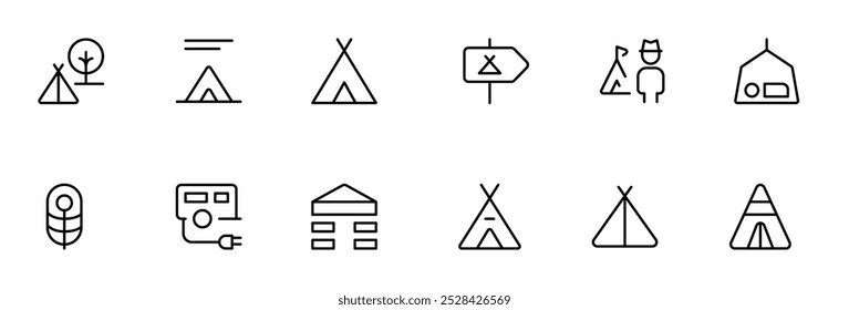Ícone de acampamento, ícone de tenda, design de conjunto de vetor com Traço Editável. Linha, sólido, linha plana, estilo fino e adequado para página da Web, aplicativo móvel, UI, design UX.