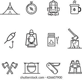 Camping icon vector linear set