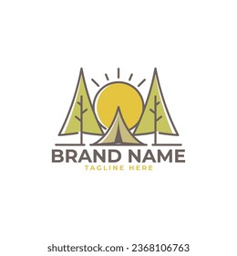 Camping icon vector logo template. Mountains, pine trees and tents. Suitable for an adventure logo.
