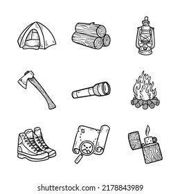 camping icon vector set hand drawn black illustration