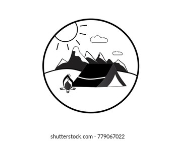 Camping icon. Wild holiday in nature (mountain, tent, sun, cloud, bonfire). Vector Illustration. 