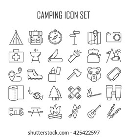 Camping icons.  Backpack, axe, hiking boots, map, compass and other things for camping. Line art vector illustration.