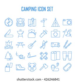 Camping icons.  Backpack, axe, hiking boots, map, compass and other things for camping. Line art vector illustration.