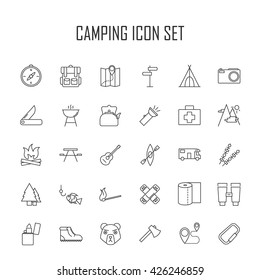Camping icons.  Backpack, axe, hiking boots, map, compass and other things for camping. Line art vector illustration.