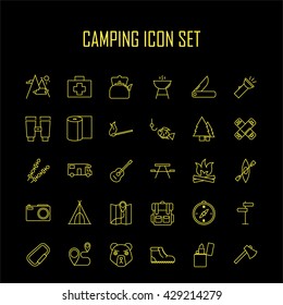 Camping icons.  Backpack, axe, hiking boots, map, compass and other things for camping. Line art vector illustration.