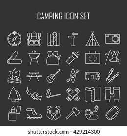 Camping icons.  Backpack, axe, hiking boots, map, compass and other things for camping. Line art vector illustration.