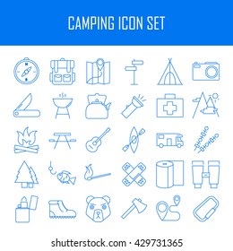 Camping icons.  Backpack, axe, hiking boots, map, compass and other things for camping. Line art vector illustration.