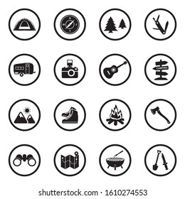 Camping Icons. Black Flat Design In Circle. Vector Illustration.