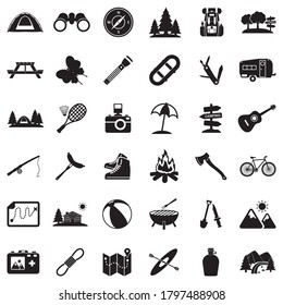 Camping Icons. Black Flat Design. Vector Illustration.