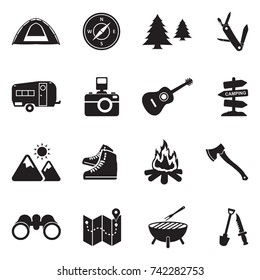 Camping Icons. Black Flat Design. Vector Illustration. 