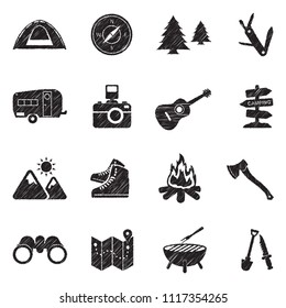Camping Icons. Black Scribble Design. Vector Illustration.

