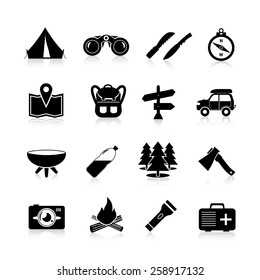 Camping icons black set with map backpack sign and car isolated vector illustration