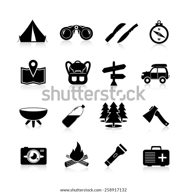 Camping icons black set with map backpack\
sign and car isolated vector\
illustration