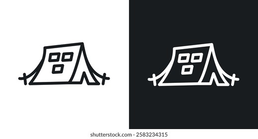 Camping icons in black and white liner strokes for web design.