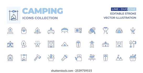 Camping icons collection. Line Duotone style, editable stroke. tent, camping tent, barbecue, pot on fire, stove, bonfire, oil lamp, gas stove, fire, water bottle.