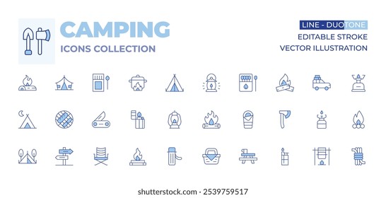 Camping icons collection. Line Duotone style, editable stroke. matches, swiss knife, barbecue, tent, camping tent, lighter, pot on fire, lantern, firewood, bonfire.