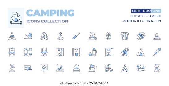 Camping icons collection. Line Duotone style, editable stroke. bonfire, pot, tent, thermo, folding chair, shirt, camping chair, rope, pocket knife, campfire, binoculars, lantern.