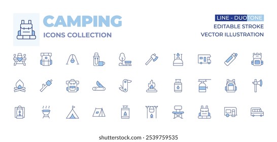 Colección de iconos de camping. Línea estilo Duotone, carrera editable. camping, mesa de picnic, malvavisco, hoguera, olla de cocina, senderismo, navaja de bolsillo, hacha, gas, estufa de gas, cuchillo suizo.