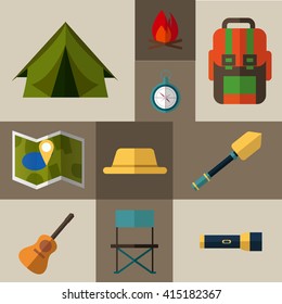 Camping icons collection on isolated backgrounds. Set of outdoor elements. Tent, map, compass, backpack, flashlight, fire, guitar, shovel, the mountains. Camping equipment. Camping vector set.