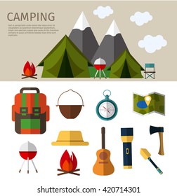 Camping icons collection. Tent, map, compass, backpack, flashlight, fire, guitar, shovel, the mountains. Camping equipment. Camping vector set. Vector illustration with place for your text.
