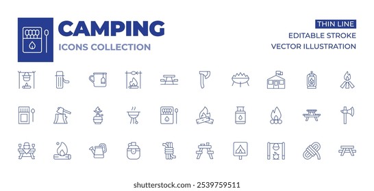 Camping icons collection. Thin Line icons, editable stroke. axe, bench, bonfire, matches, picnic table, rope, barbecue, water bottle, camping zone, gas, gas stove, watering can.