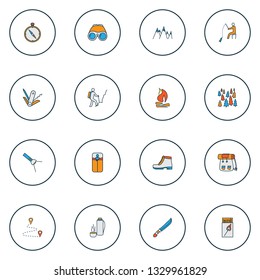 Camping icons colored line set with forest, mountains, hunting knife and other rucksack elements. Isolated vector illustration camping icons.